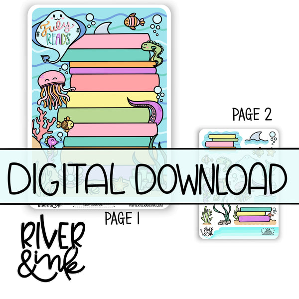*DIGITAL* 2024 July Reading Tracker Book Journaling Full Sheet | Hand Drawn Planner Stickers