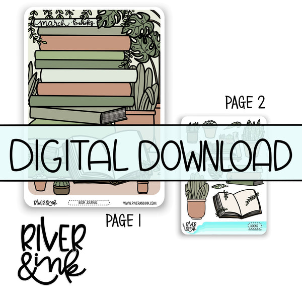 *DIGITAL* 2024 March Reading Tracker Book Journaling Full Sheet | Hand Drawn Planner Stickers