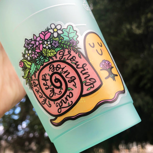 Keep Going and Keep Growing Snail | Hand Drawn Clear Vinyl Sticker