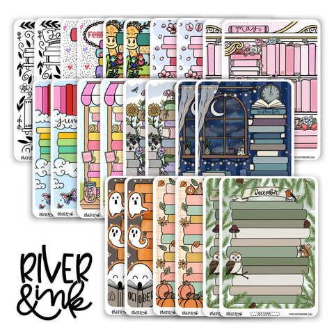 2025 Full Year Monthly Book Journaling Bundle Full Sheet | Hand Drawn Planner Stickers