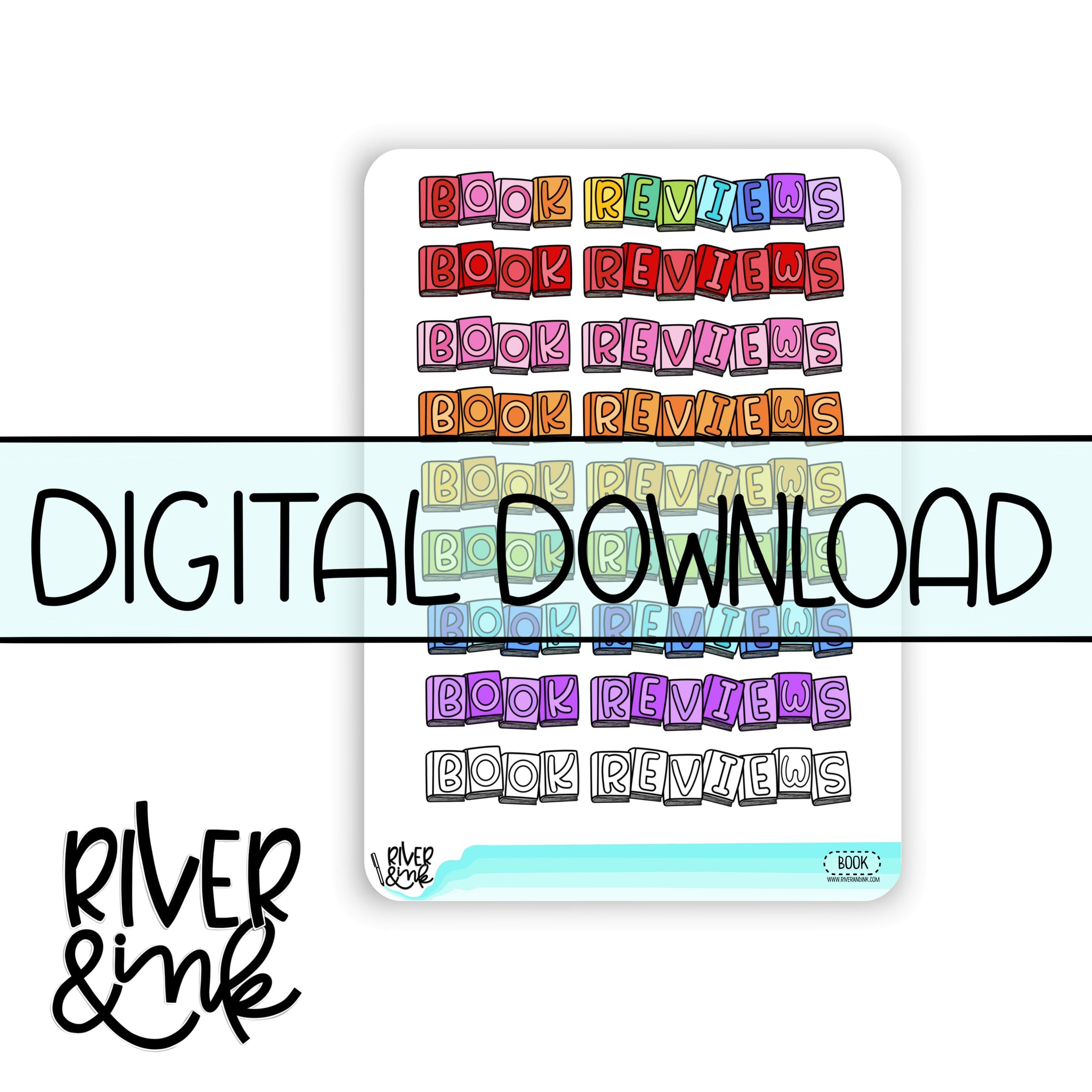 *DIGITAL* 2025 Book Review Headers Book Journaling Full Sheet | Hand Drawn Planner Stickers