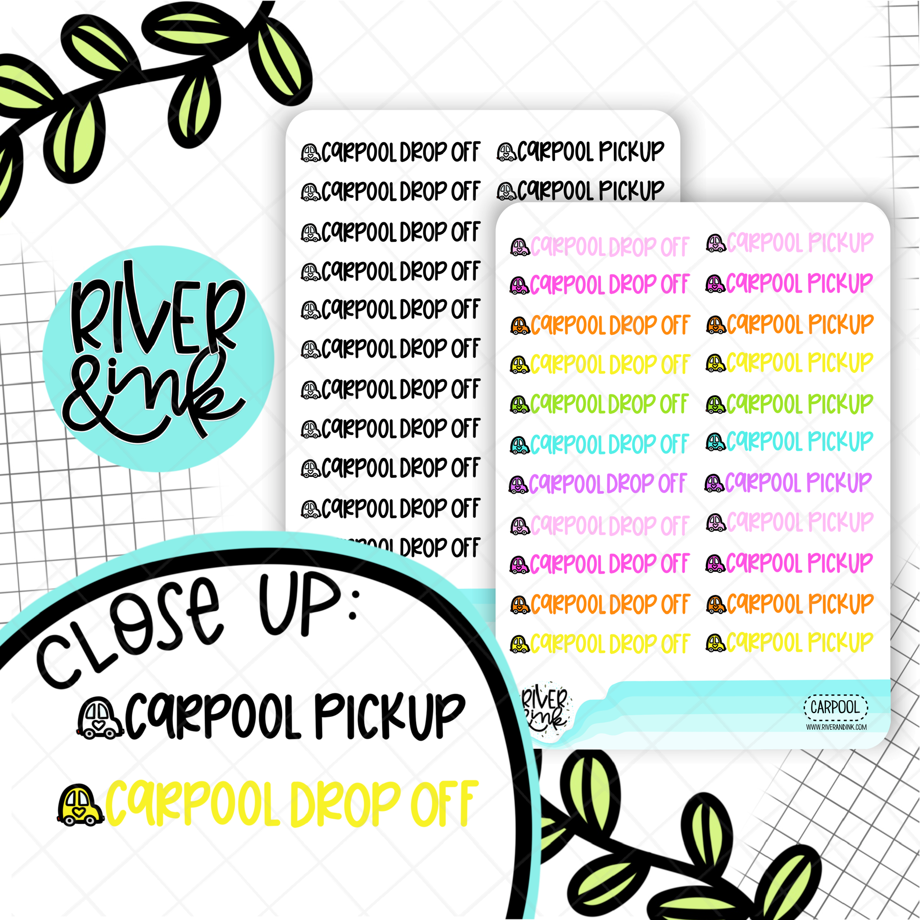 Carpool Pick Up/Drop Off | Hand Lettered Planner Stickers