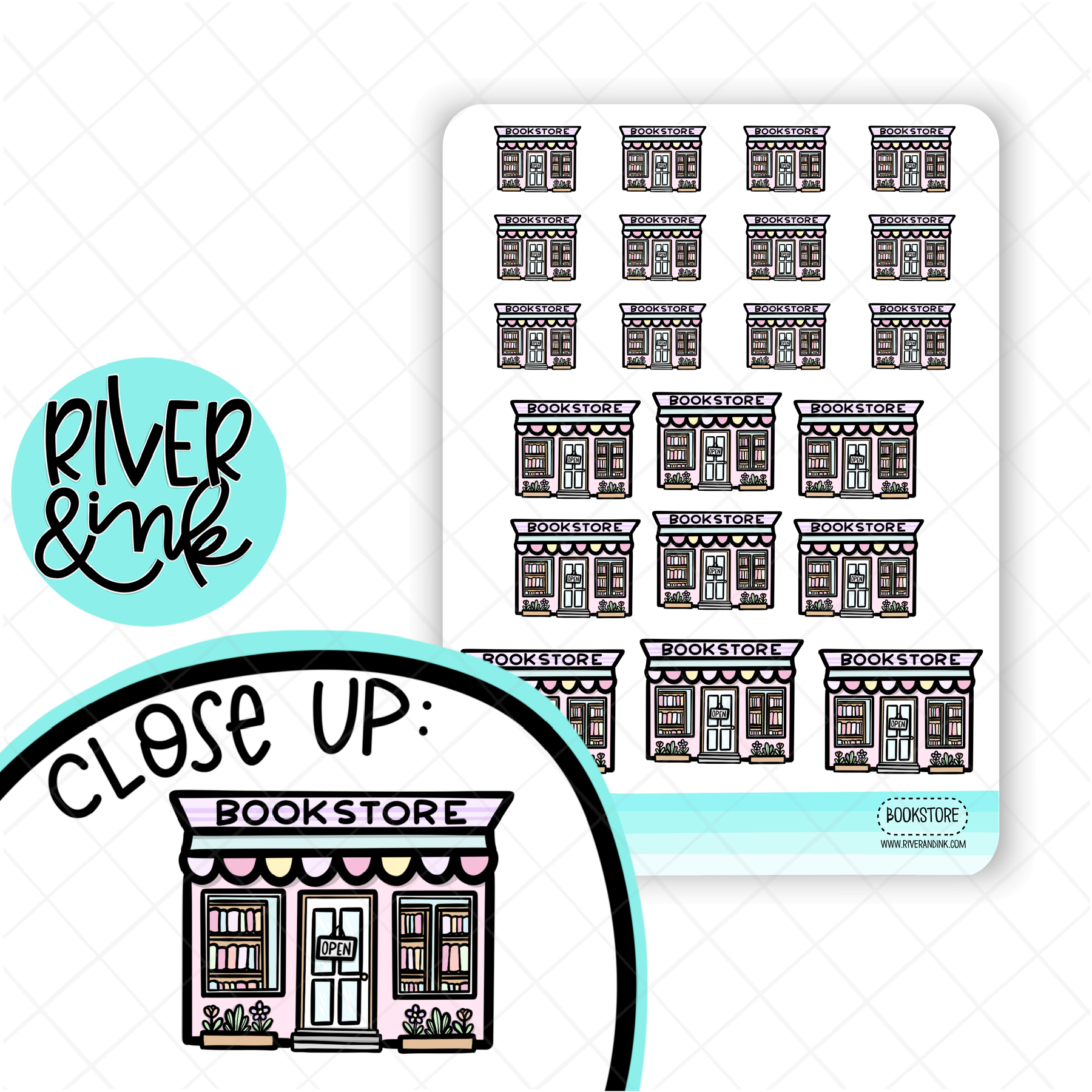 Bookstore Village Buildings | Hand Drawn Planner Stickers