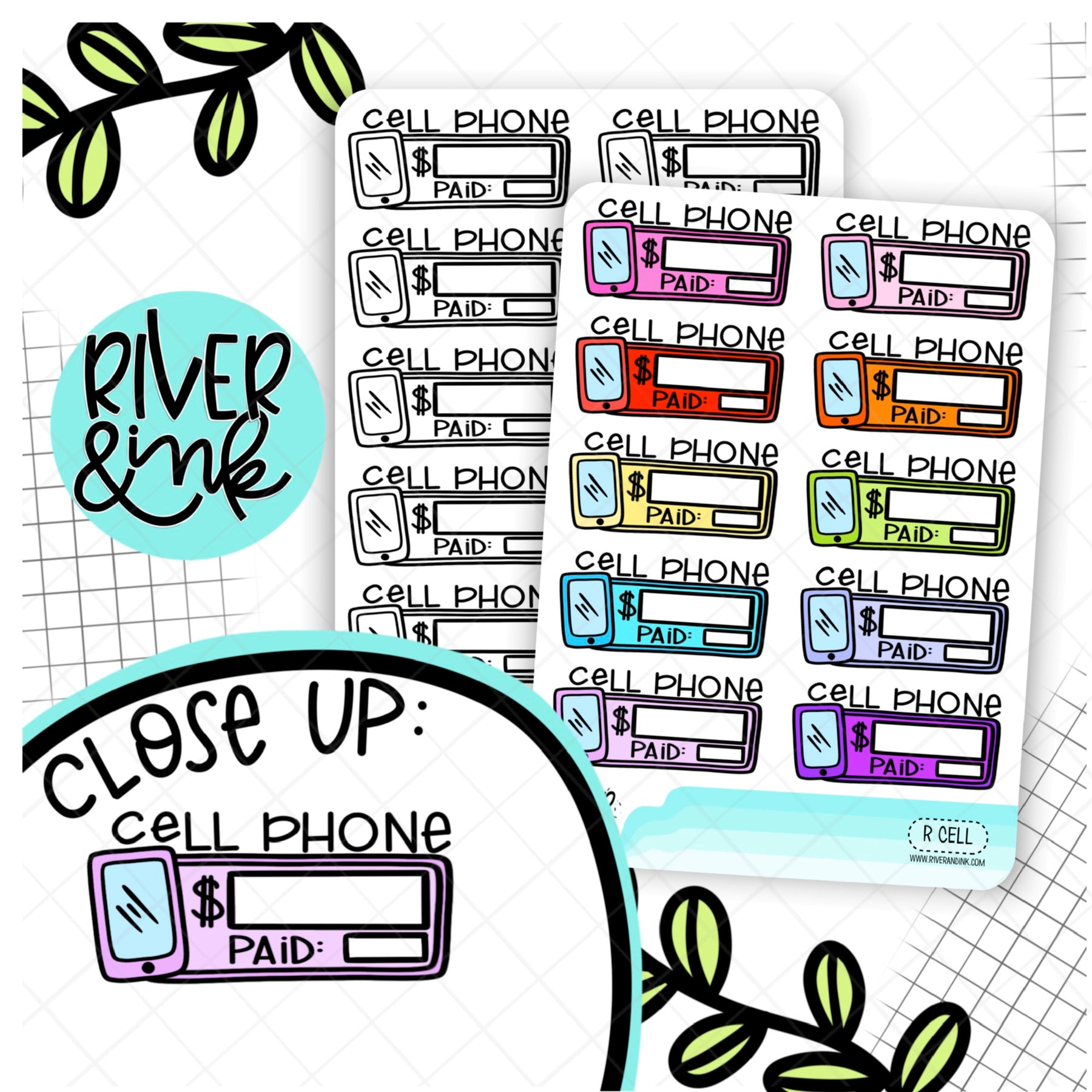 Cell Phone Bill Budgeting Boxes | Hand Lettered Planner Stickers