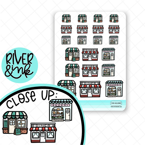 Food Variety Village Buildings | Hand Drawn Planner Stickers