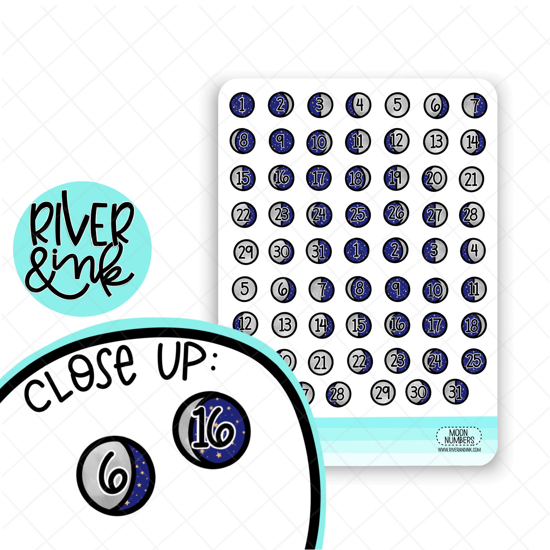 Moon Phases Date Numbers | Hand Drawn Planner Stickers