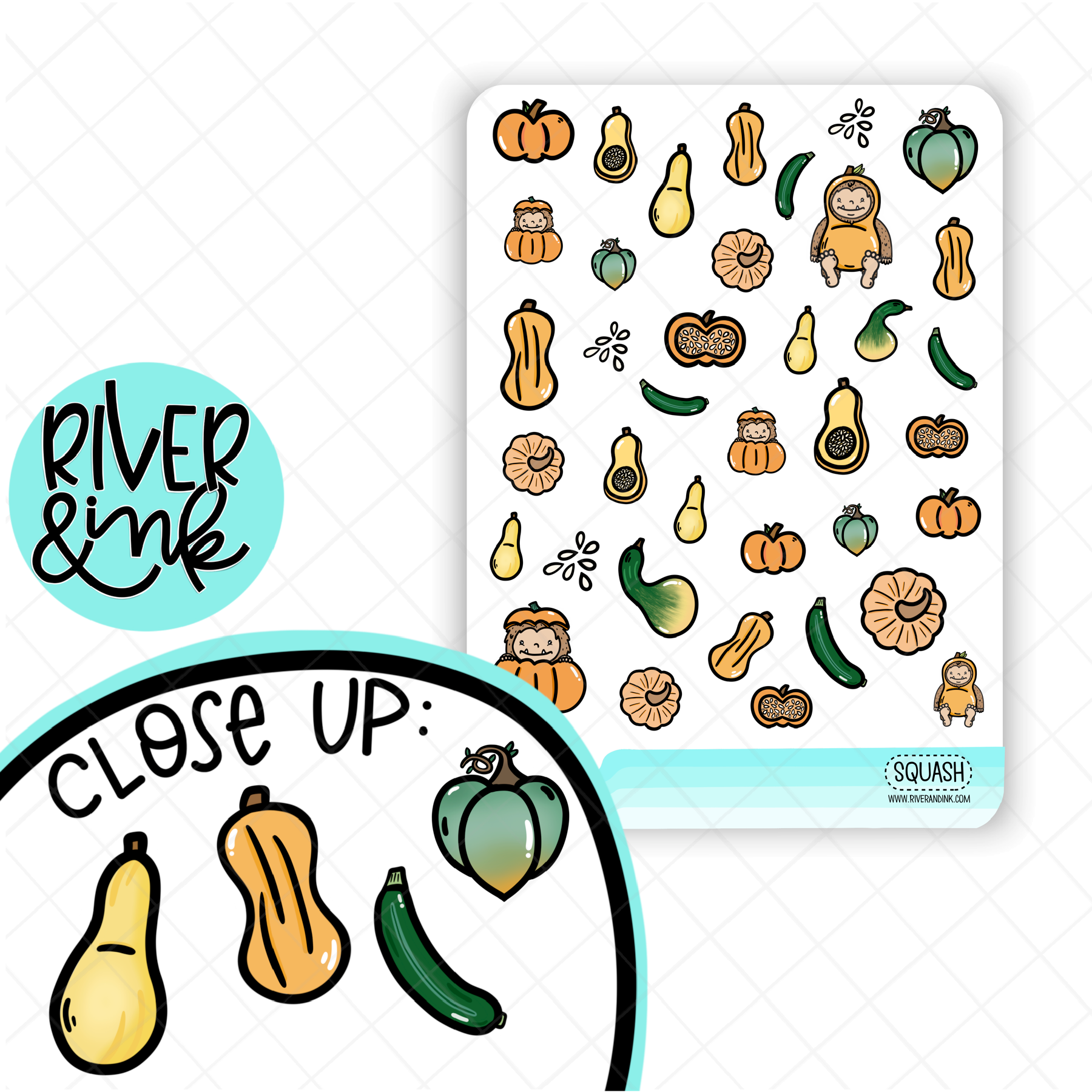 Squashes Variety Food Icons | Hand Drawn Planner Stickers
