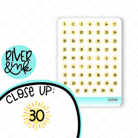 Sunshine Number Dates | Hand Drawn Planner Stickers